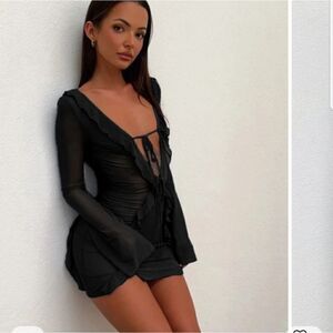 Ruffles Mini Club Party Dress Mulheres Sexy Lace Up Profundo V Neck Manga Longa